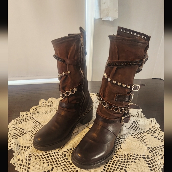 A.S.98 RARE ROCK & ROLL MOTO  Brown Boots with Straps and Studs - Picture 3 of 6
